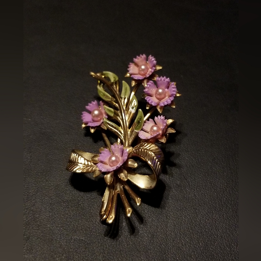 Vintage Purple Flowers and Bow Brooch
